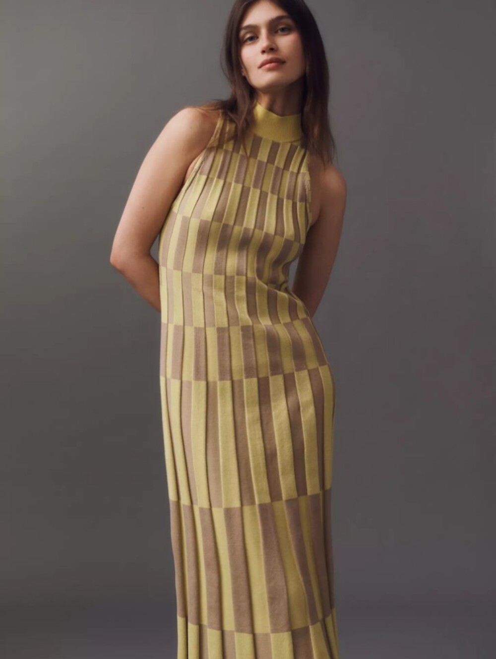 Anthropologie Mock Neck Sleeveless Sweater Column Maxi And Gold And Tan